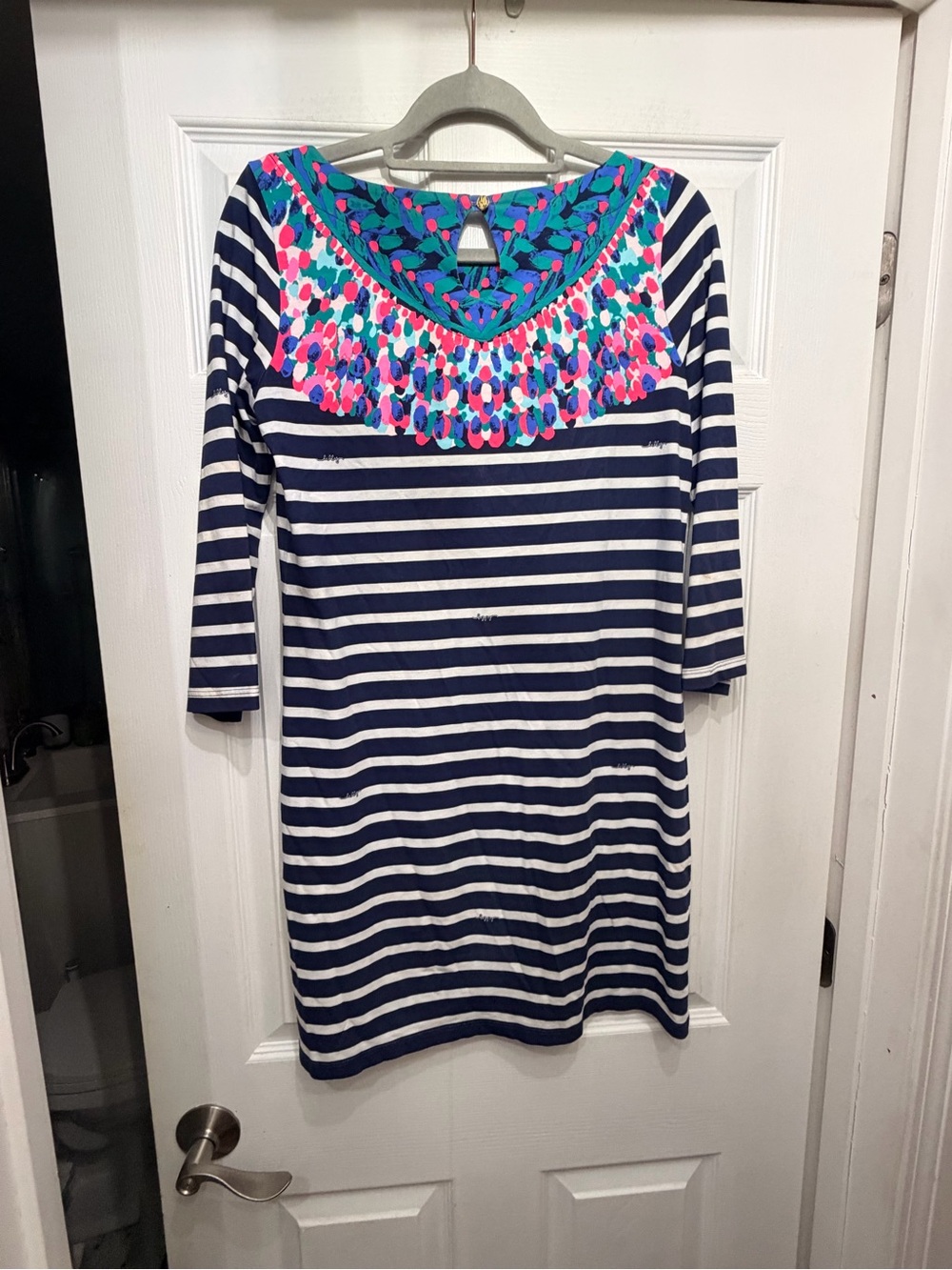 Lilly Pulitzer Navy & White Striped Dress with Teal, Pink, and Purple Yoke